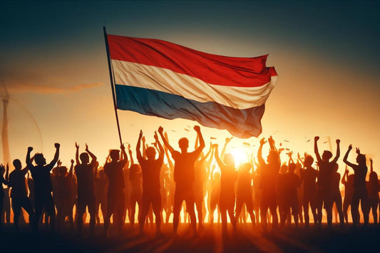 Grupp av människor som viftar med Nederländernas flagga