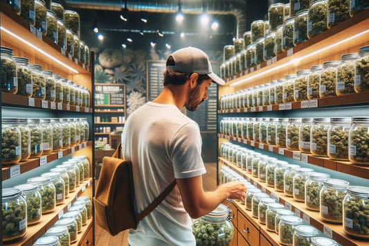en man som håller i en burk med cannabis