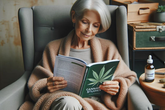 Äldre kvinna som håller en bok om cannabis