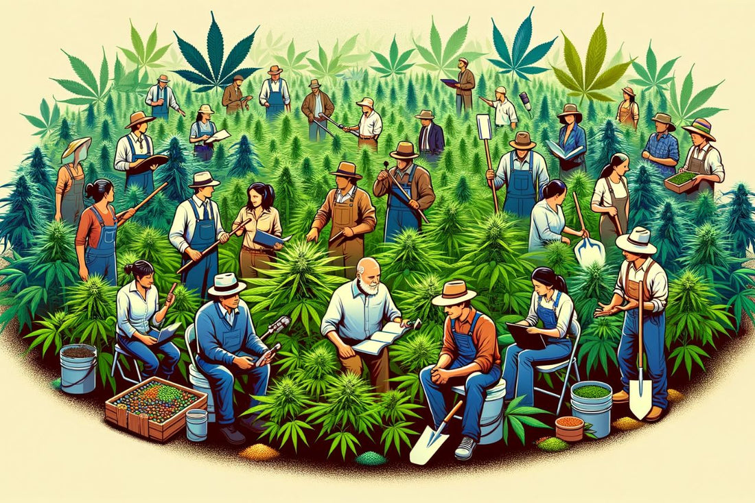 En grupp människor i ett cannabisfält