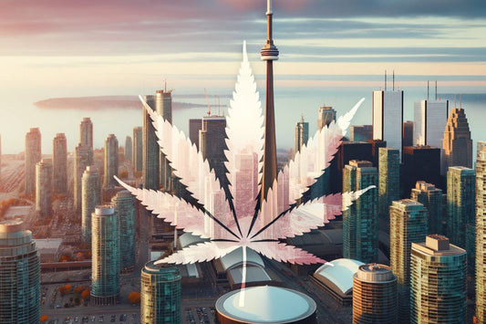 genomskinligt cannabisblad med stadsbild som bakgrund