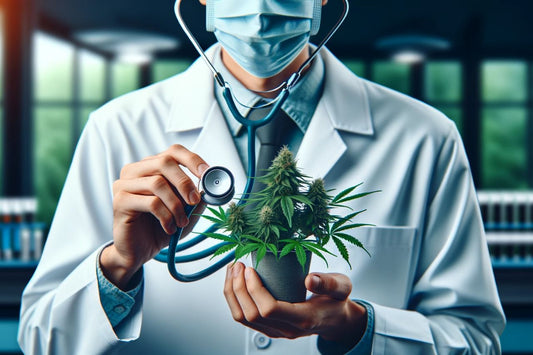 En läkare som håller en cannabisplanta