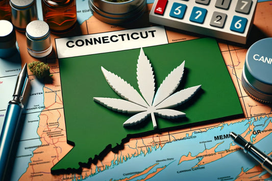 Cannabisskylt och en karta över Connecticut