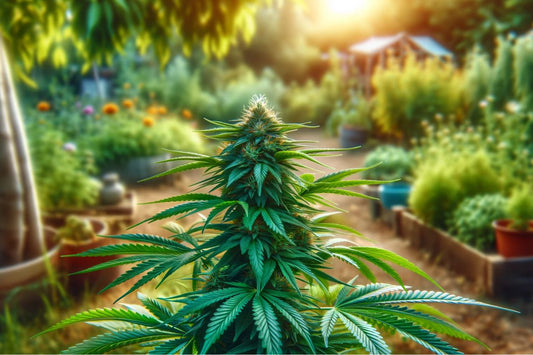 Cannabisväxt i en trädgård
