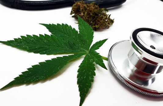 Cannabisblad och ett stetoskop