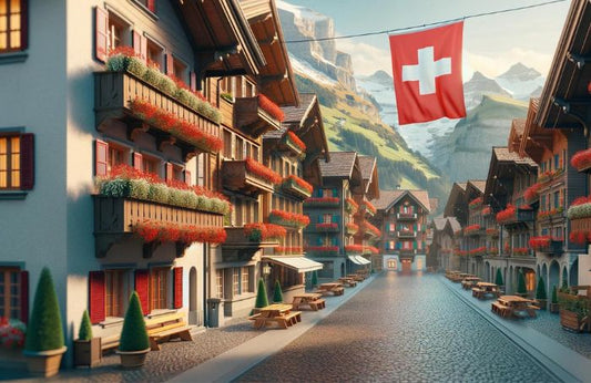 Vinkar schweizisk flagga i en liten stad i Schweiz