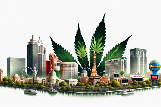 skyline med cannabisblad i bakgrunden