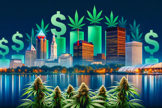 Cannabis med stadsbild i Ohio i bakgrunden