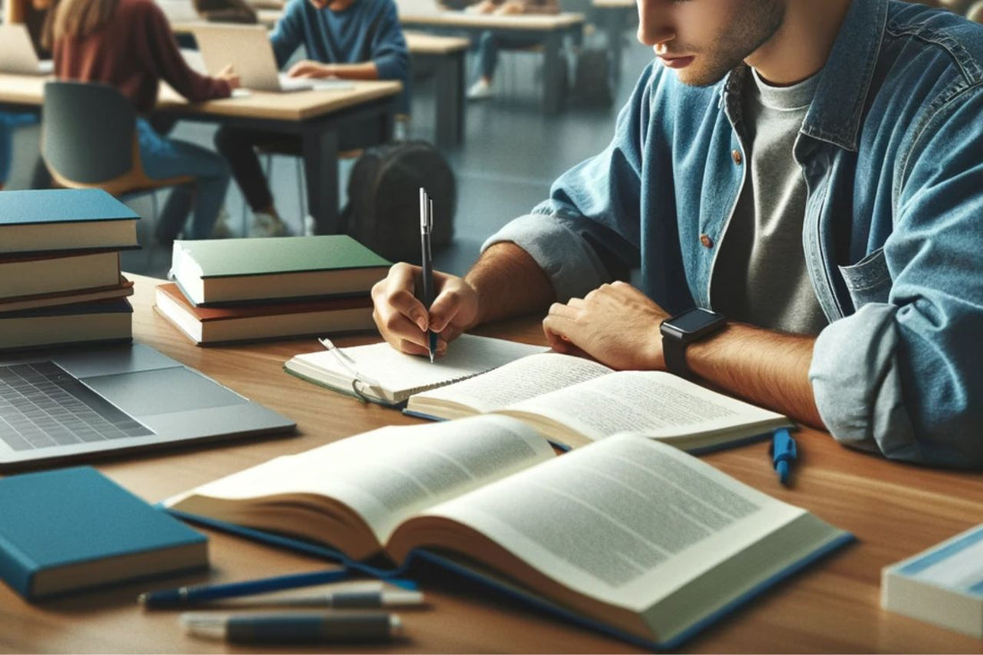 Student studerar på ett bibliotek