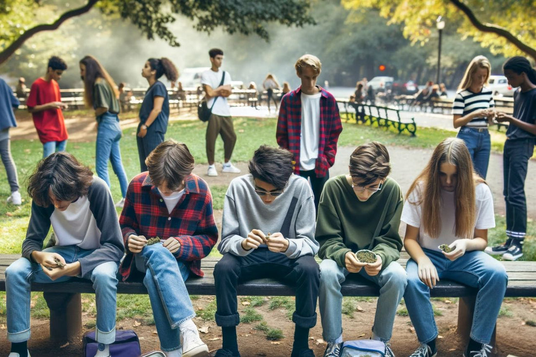 Grupp av tonåringar som sitter i en bänk
