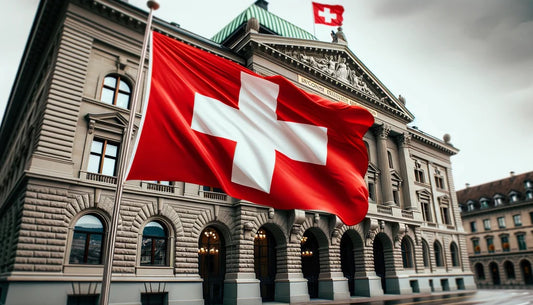 Schweizisk flagga framför en regeringsbyggnad