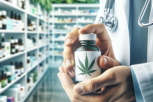 En läkare som håller en flaska cannabisolja