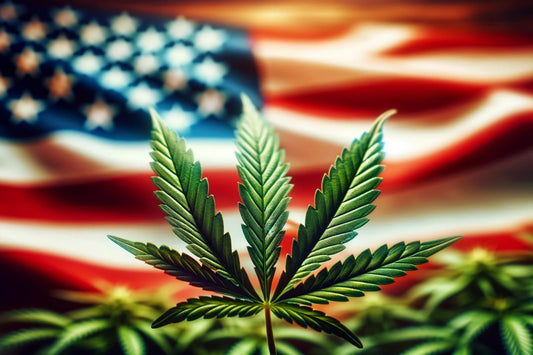 Cannabisblad framför USA:s flagga
