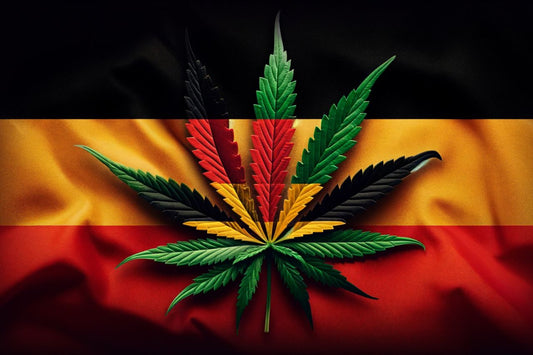 Cannabisblad framför den tyska flaggan
