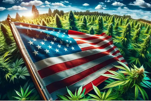 Flagga mitt i ett cannabisfält