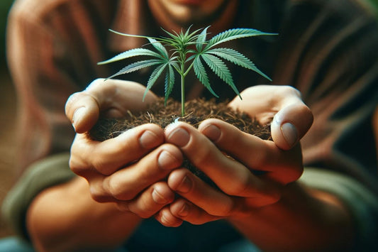 En man som håller i en cannabisplanta