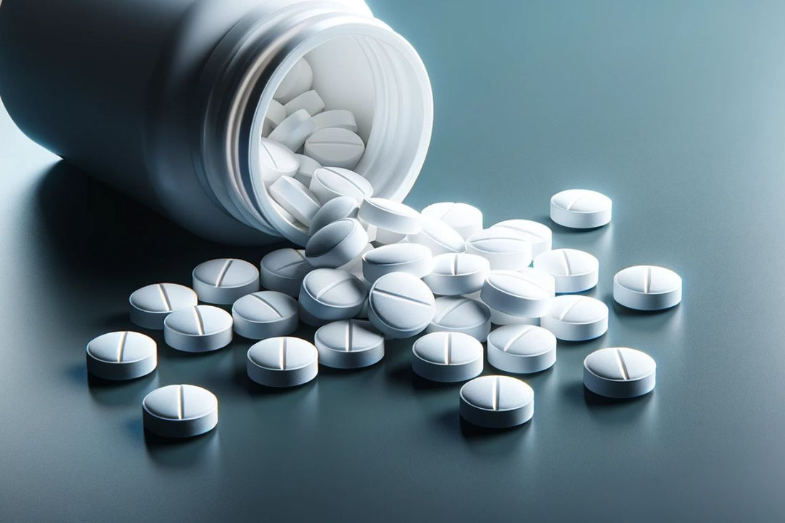 behållare med vita runda tabletter