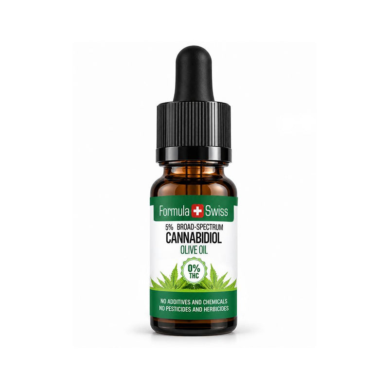 Flaska Formula Swiss CBD-olja med bredspektrum i olivolja, märkt 0 % THC
