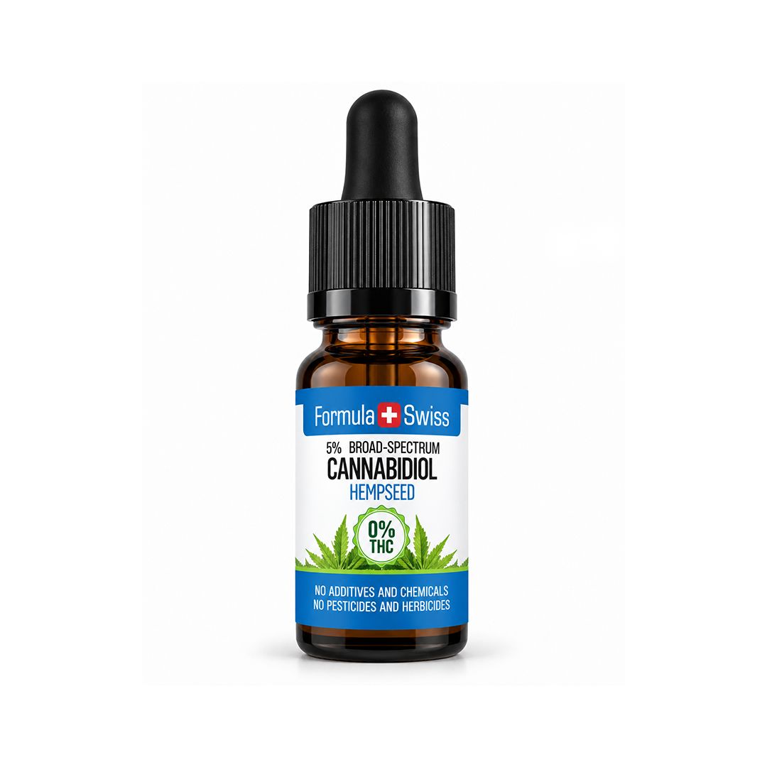 Liten bärnstensfärgad glasflaska med pipett från Formula Swiss med cannabidiol-hampfröolja, svart kork och vit etikett med blå band och gröna hampablad på vit bakgrund.