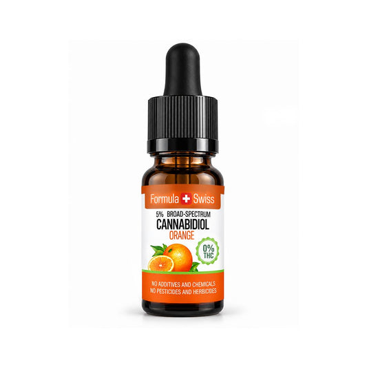 Liten bärnstensfärgad glasflaska med pipett, märkt Formula Swiss Cannabidiol Orange, med svart kork och orange-vit etikett på ljusgrå bakgrund.