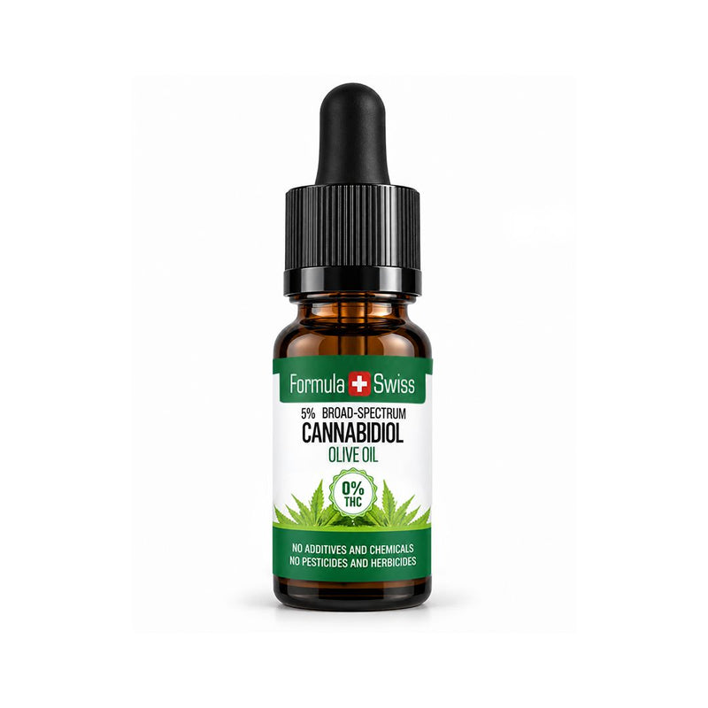 Liten bärnstensfärgad glasflaska med pipett från Formula Swiss med cannabidiol-olivolja och 0 % THC, svart kork och vit etikett på ljusgrå bakgrund.