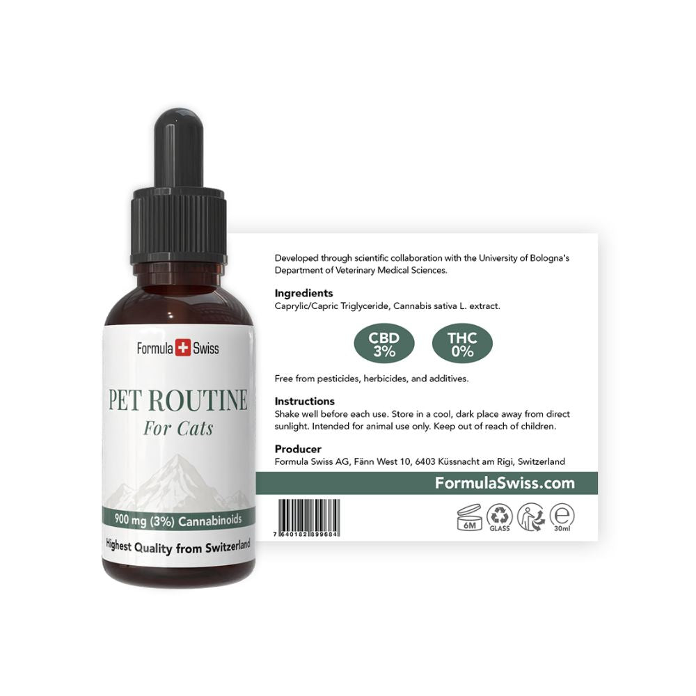 Flaska med CBD olja för katter från Formula Swiss, med pipett, mot vit bakgrund