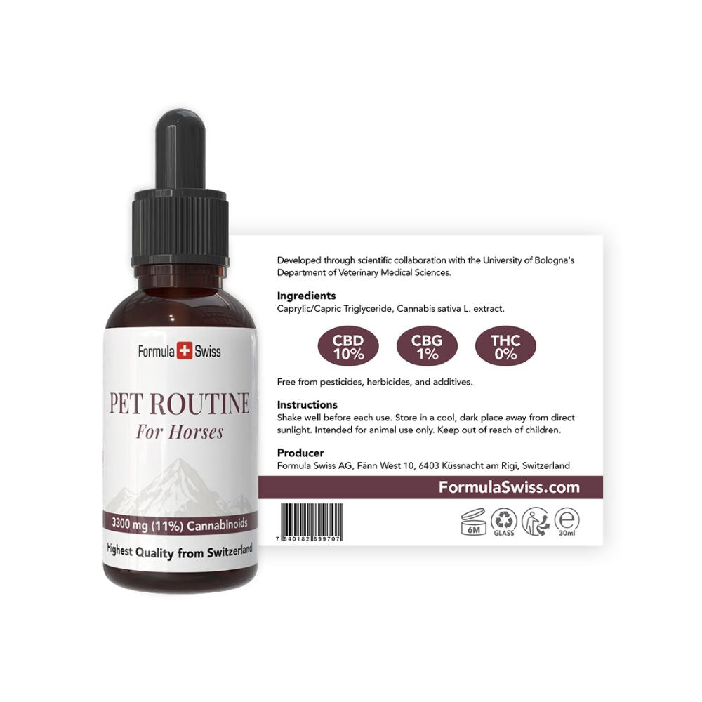 Formula Swiss Pet Routine för hästar - CBD olja 10 % CBD: flaska med etikett