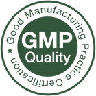 Ett runt grönvitt GMP-kvalitetsmärke för certifierad god tillverkningssed.