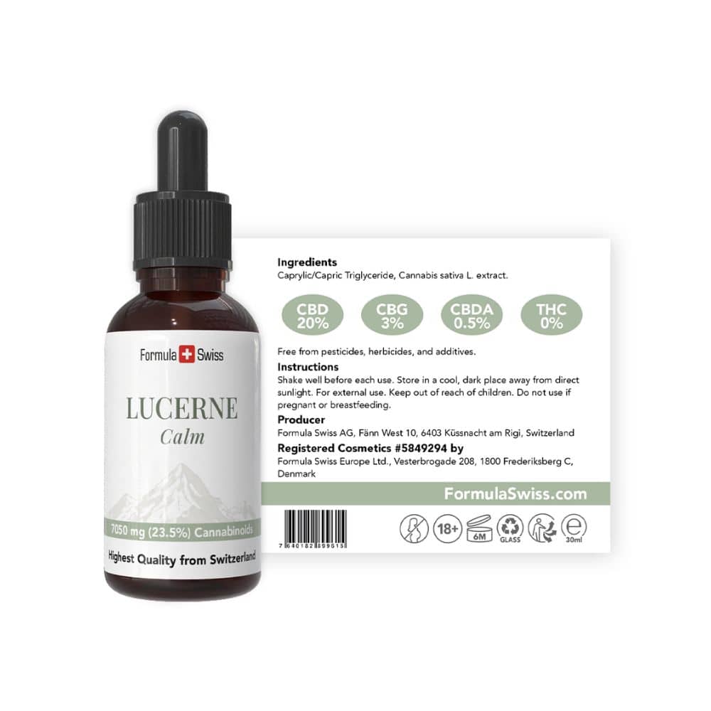 Formula Swiss Lucerne Calm – CBD olja 23,5 % THC-fri: flaska med etikett