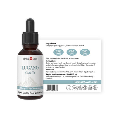 CBD-droppflaska märkt ”Lugano Clarity” från Formula Swiss mot vit bakgrund.
