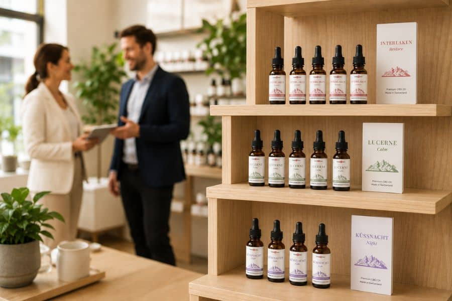 Formula Swiss cannabinoidoljeprodukter i en butiksmiljö medan två affärspersoner diskuterar ett partnerskap.